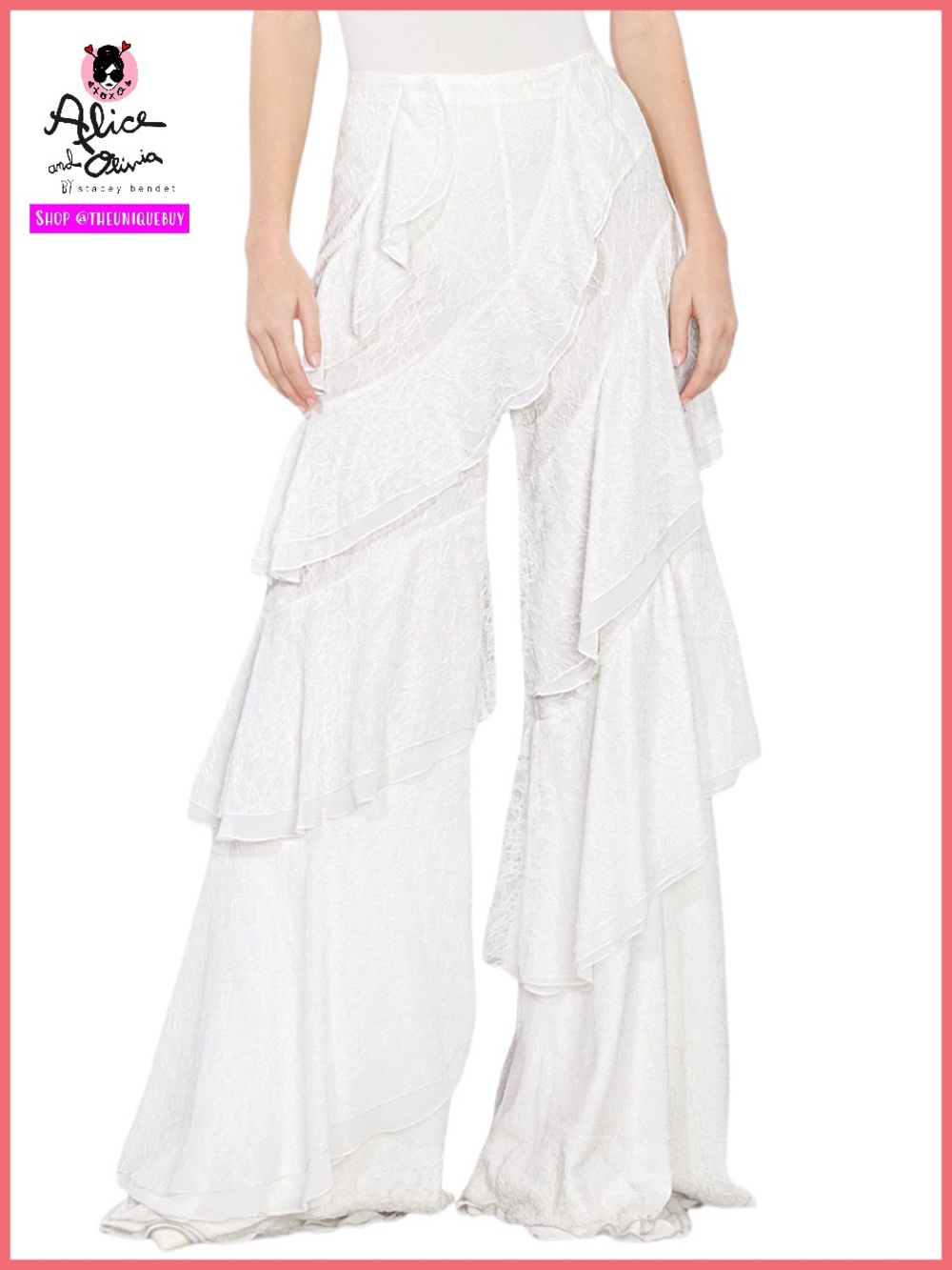 Alice + Olivia Lotus Off White Lace Ruffle Flared Wide Leg Pant